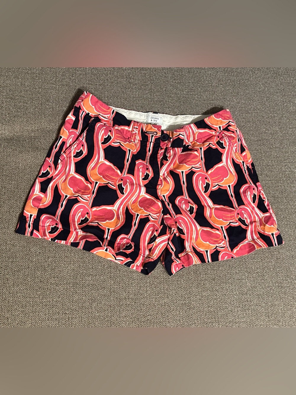 crown & ivy Navy Shorts with Pink Flamingo Print